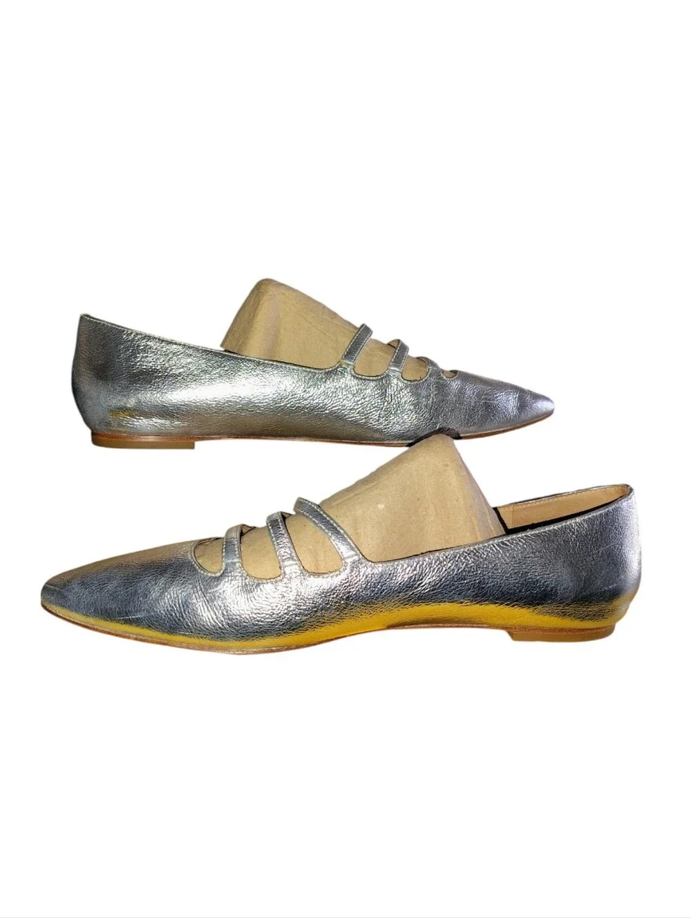 Veronica Beard Metallic Silver Crinkle Triple-Strap Mary Jane Flat Size 10 US 54 - Picture 6 of 16